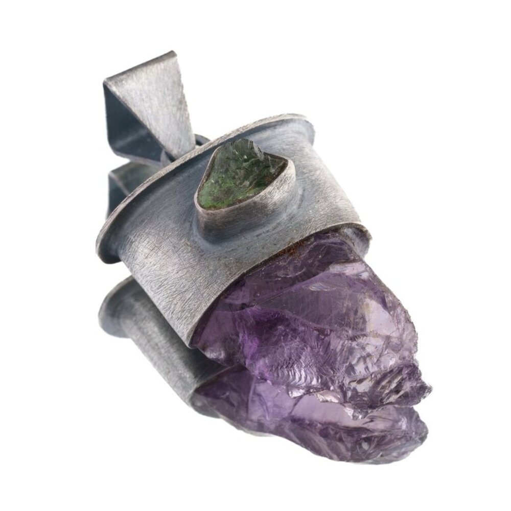 Artisan Raw Amethyst Green Tourmaline Oxidized Sterling Silver Talisman Pendant!